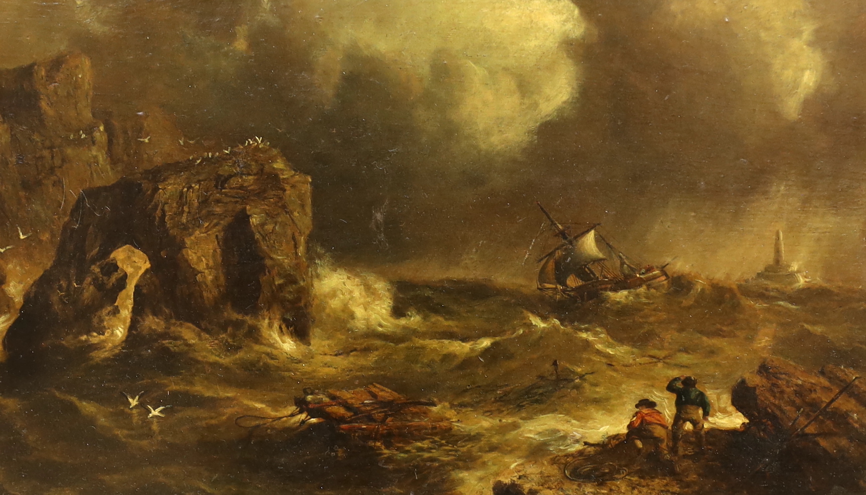 19th century English school, pair of oils on board, Shipwreck scenes, 13.5 x 23.5cm